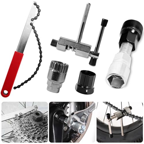 Zimoer 5 peças corrente de bicicleta kit de ferramentas, chave de corrente para bicicleta, chicote de corrente para bicicleta, ferramentas de chicote de corrente de bicicleta extrator de pinhões