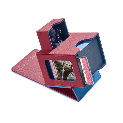 Mage Tech Commander Deckbox para MTG: design patenteado, ecrã Commander, adapta-se a 100 cartões duplamente embrulhados, suporte magnético de 35 pt e bandeja de dados, vermelho/azul