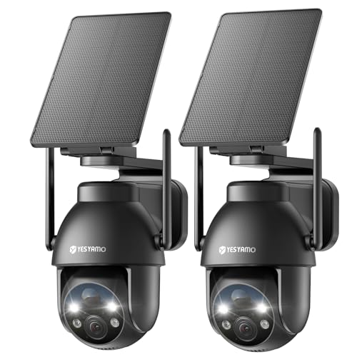 YESYAMO 2 unidades 2 K câmara de vigilância WiFi exterior sem fios solar, câmara exterior solar 2,4 GHz com painel solar, 360 ° PTZ, visão noturna cor, áudio bidirecional