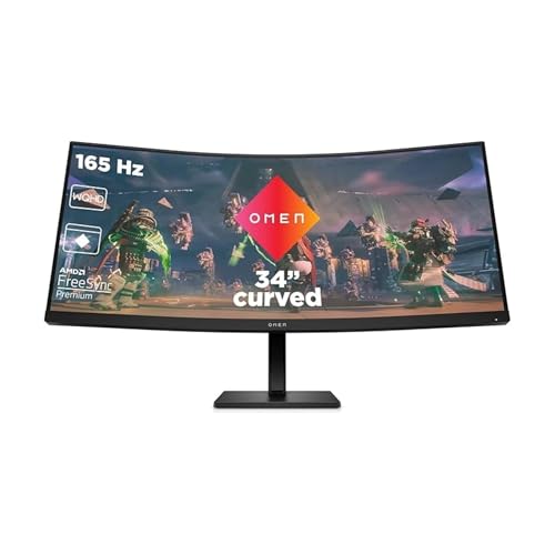 HP OMEN 34C Monitor de jogos de 34" WQHD (3440 x 1440 a 165 Hz, 21:9, 1 ms HDMI antirreflexo, AMD FreeSync Premium compatível com consolas, 1500R, altifalantes, curvo, altura e inclinação ajuste