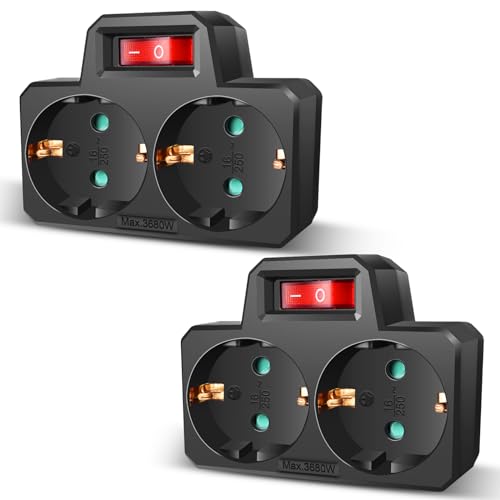 EXTRASTAR 2 em 1 adaptador com interruptor e 2 tomadas Schuko, até Carge 3680 W, 250 V, 16 A, branco, adaptador de tomada, preto, 2 unidades
