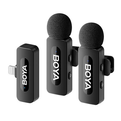 BOYA by-V2 Microfone de lapela sem fios (2TX+1RX) para iPhone, redução de ruído, mini microfone de lapela dupla para gravações do Youtube, podcast, Facebook, Tiktok Vlogging