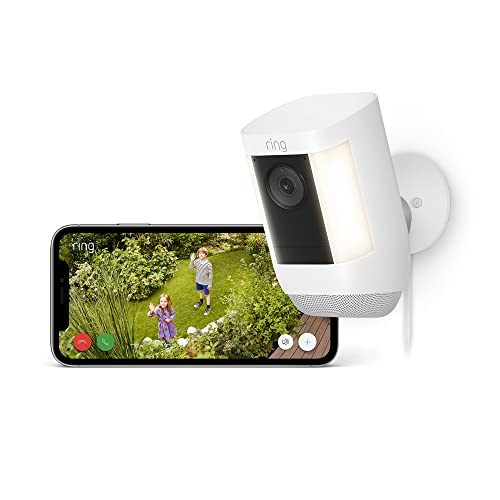 Ring cámara Pro con luces y enchufe (Spotlight Cam Pro Plug-In) | Cámara exterior con vídeo 2K, Ring Vision, detección de movimiento 3D (alternativa al CCTV) | 30 días de prueba gratuita de Ring Home
