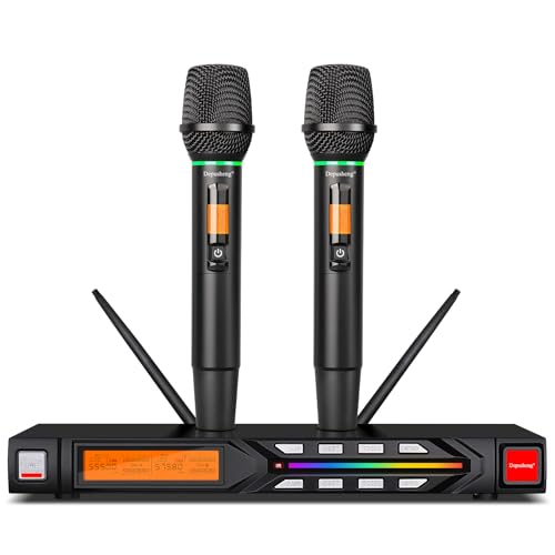 Depusheng Microfone sem fios R7 equipado com dois microfones portáteis dinâmicos e receptor, com um alcance de recepção de 80 metros, adequado para cenários de concertos de karaoke