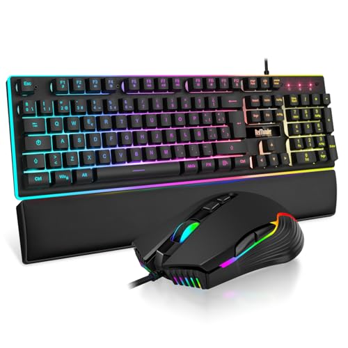 RedThunder K10 Jogo 3 em 1 de teclado, rato e apoio para pulsos de couro, retroiluminação RGB toque mecânico, teclas anti-fantasma rato 7D 7200DPI, Layout espanhol, compatível com PC/PS5/Xbox preto