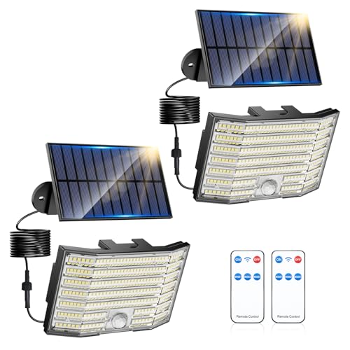 AGOTD Candeeiros solares para exteriores, 226 luzes LED solares para exteriores com detetor de movimento, impermeabilidade IP65, ângulo de iluminação de 180°, candeeiro de parede solar para jardim com