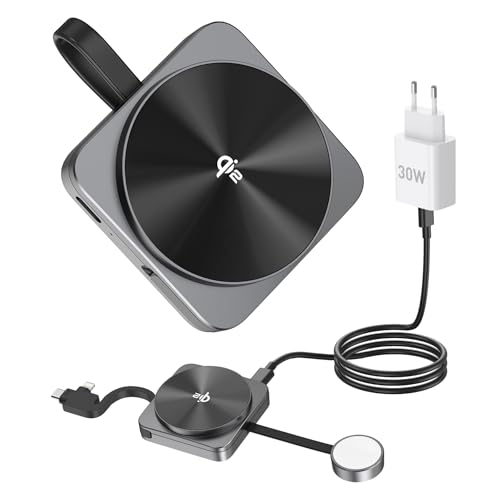 Carregador sem fios 3 em 1 com certificação Qi2 de 15 W, estação de carregamento indutiva rápida compatível com iPhone 16/15/14, Apple Watch, inclui adaptador USB-C de 30 W e cabo de carregamento de 1