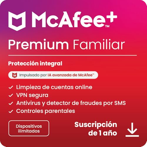 McAfee+ Premium Familiar para dispositivos ilimitados 2025 |12 meses|VPN segura, incluye antivirus, gestor de contraseñas, supervisión de identidad, controles parentales, Descarga digital