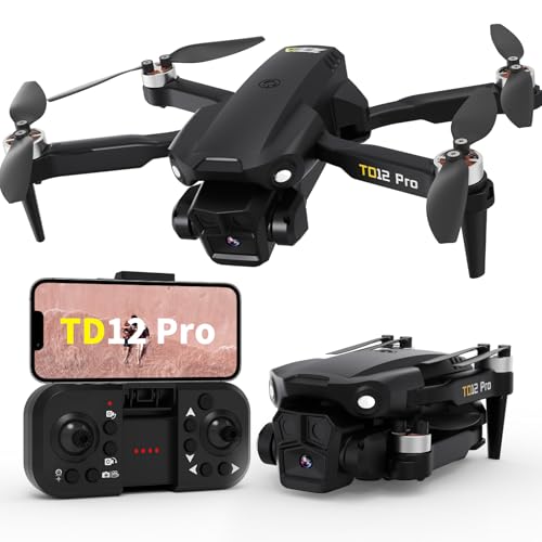 Toladrone Dron com câmara 4K, drones para adultos, resistência ao vento de nível 3, posicionamento por fluxo ótico, motor sem escova, quadricóptero RC dobrável para iniciantes, TD12Pro