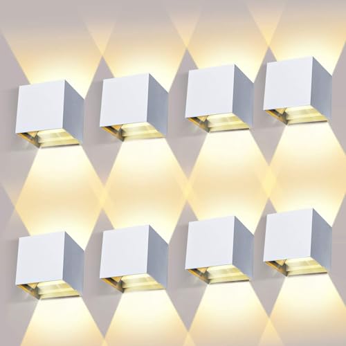 LEDMO 8 peças aplique de parede interior 12 W aplique exterior parede 3000 K branco quente ângulo de feixe ajustável branco apliques parede LED IP65 impermeável