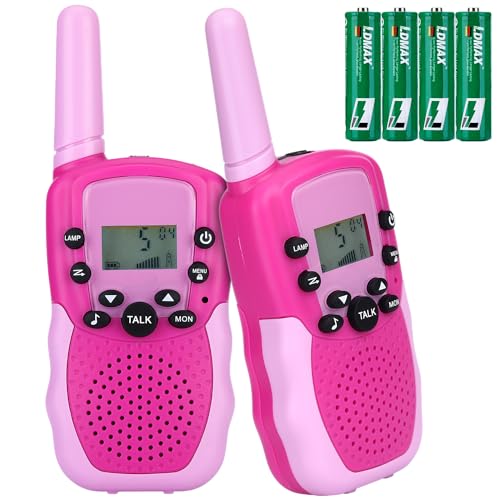 NK Walkie Talkies para crianças de 4 5 6 7 8 9 anos (pilhas incluídas) - longa distância 3 km, ecrã LED, 22 canais, brinquedo infantil com lanterna, presente de Natal aniversário, cor rosa/violeta