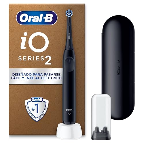 Oral-B iO 2 Escova de dentes elétrica preta noite, 1 cabeça, 1 estojo de viagem, 1 suporte de peças sobressalentes de viagem, 3 modos de escovagem, sensor de pressão e temporizador, desenhado por