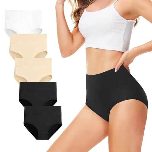 TUUHAW Cuecas de cintura subida em algodão para mulher, pack de 5 cuecas, confortáveis