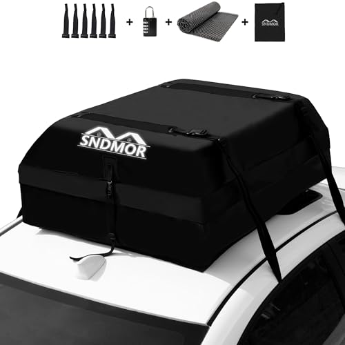 SNDMOR Saco de teto, 425 L/15 pés cúbicos de bagagem de teto impermeável, adequado para todos os veículos com/sem porta-bagagens, inclui tapete antiderrapante 4 correias de reforço (preto)