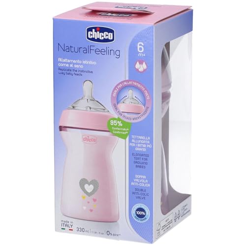 Chicco NaturalFeeling Biberão anticólicas 6 meses, 330 ml, com cetina de silicone macia e válvula dupla anticólica, fluxo rápido, alimentação natural e amamentação mista, rosa