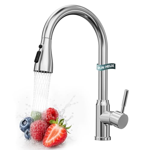 RUN HELIX Torneira de cozinha removível, torneira de cozinha cabeça de chuveiro de 2 funções, giratória de 360° e design de arco alto, torneira de cozinha em aço inoxidável, fácil de instalar, cromado