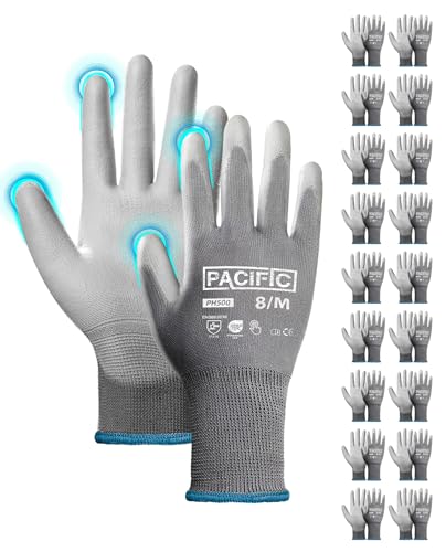 PACIFIC 18 pares de luvas de segurança com revestimento de poliuretano, luvas de trabalho multiusos para homem, malha sem costuras, aderência potente, cinzento, M/8