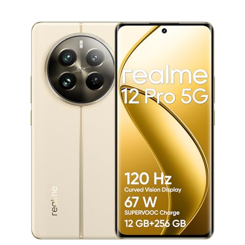 realme Telemóvel 12 Pro 5G 12 + 256GB, câmara para retratos com teleobjetiva, Sony IMX882 com OIS, ecrã de visão curva de 120 Hz, processador Snapdragon 6 de 1.ª geração 5G, Navigator bege