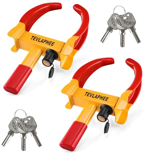 Tevlaphee 2 Pacote Cepo anti-roubo roda carro reboque caravana reforçado universal ajustável proteção PVP fechadura anti-roubo 6 mesmas chaves (vermelho e amarelo – 2 pacotes)