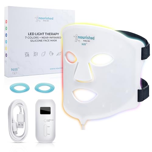 Nourished Bodynskin Máscara LED de 7 cores para o rosto com infravermelho nas proximidades - terapia de luz azul e vermelha para o rosto - 114 LED - equipamento de cuidados com a pele para rugas,