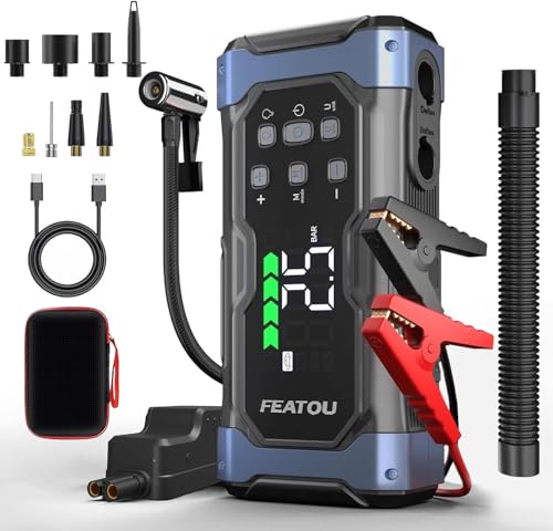 FEATOU 6000A Arrancador de baterias de carro com compressor de 150 PSI, carregador de bateria para carro portátil de 12 V (gasolina/12 l motor diesel - inclui cabos de emergência e insuflador de pneus