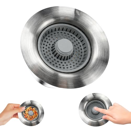 ADERTOS Filtro de pia de cozinha, tampa lava-louça de cozinha 3 em 1, tampa de drenagem de aço inoxidável, filtro cesta lava-louça cozinha para lava-loiças de 70 a 86 mm de largura (10,8 * 6 cm)
