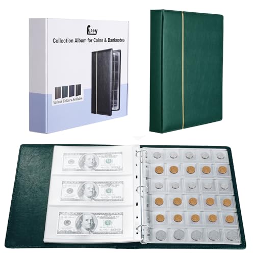 Fippy Álbum de coleção de moedas de 150 bolsos, livro de armazenamento de couro para colecionar moedas, papel, dinheiro (verde)