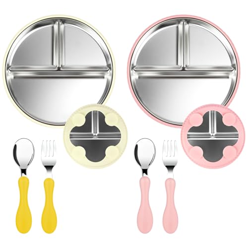 Vicloon 2 Peças pratos de aço inoxidável com ventosas para bebé, pratos para bebé com 2 colher e garfo, pratos divididos para método de alimentação autónoma, sem BPA (branco quebrado e rosa)