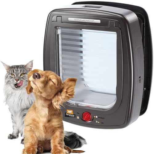 Ferplast Gatera com Microchip, porta para gatos e cães, coleira incluída, entrada e saída controláveis de 4 vias, proteção contra correntes de ar, Swing Microchip tamanho médio, castanho