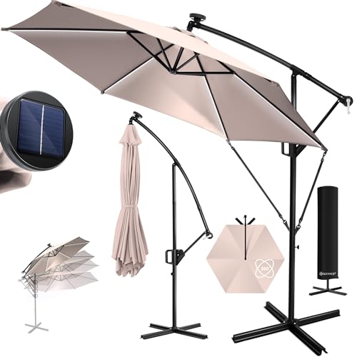 KESSER® Alumínio semáforo guarda-sol LED solar Ø 300 cm / Ø 350 cm capa com mecanismo de manivela com interruptor on/off proteção UV alumínio impermeável guarda-sol de jardim