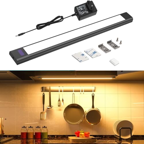 WOBANE Luz LED cozinha baixo móvel preto, 30 cm regulável barra luz armário com sensor sem contacto, luzes de cozinha debaixo do móvel tomada, luz LED autocolante para bancada cozinha, branco quente