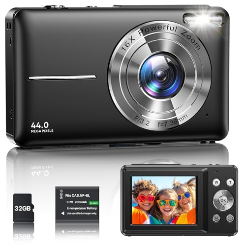 Câmara digital 1080P câmara de fotos HD 44MP câmara digital compacta com ecrã LCD de 2,4 polegadas, zoom digital 16X, cartão de memória micro de 32G, 1 bateria para crianças, adolescentes - Noir