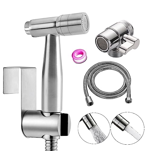 Conjunto de chuveiro de bidé portátil, pulverizador de bidé de sanita de aço inoxidável de modo duplo com desviador de chuveiro de 2 vias, mangueira de chuveiro de 1,5 m e suporte de chuveiro