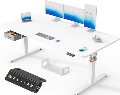 Devoko 180 x 80 cm mesa elétrica elevável com gavetas, mesa regulável em altura de carregamento USB-A, mesa de secretária elevável de gestão de cabos e lembrete de postura sentada, branco