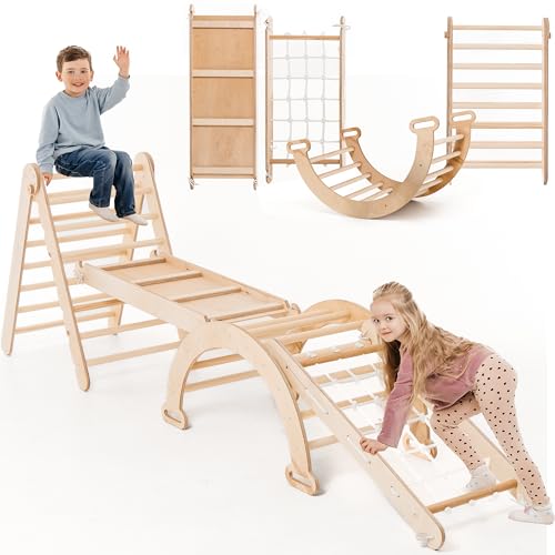 4 em 1 Montessori Conjunto de escalada interior para crianças - ginásio de madeira para crianças escada triangular e arco e rampa de escalada e rede - ginásio de madeira para crianças 1-5 anos tamanho