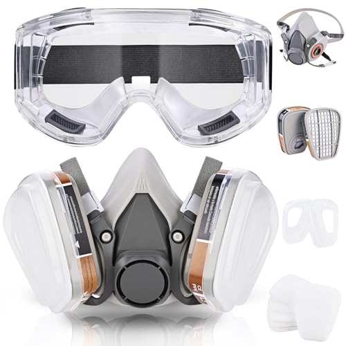 Faburo - Respirator facial completo reutilizável, proteção respirável facial com 10 filtros de substituição, 5 pares de luvas para pintura, partículas de pó, produtos químicos