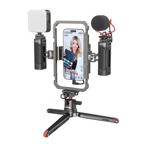 SMALLRIG Video Rig Kit de telemóvel universal para iPhone 16/15/14/13/12 séries telemóvel câmaras, vídeo Rig com tripé, microfone, luz LED, Side Handle, suporte para banco de energia - 3384C