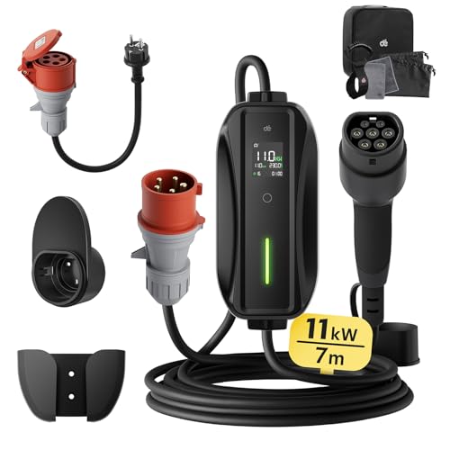 Carregador EV 11kW, carregador de carro elétrico 16a [3-Fase| 7 m| 6-16 A] dê com potência de carregamento ajustável, estação de carregamento móvel/Wallbox para modelo 3/Y 500e, Spring e outros EV