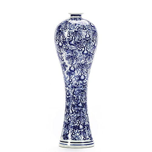 Vaso de cerâmica chinesa de porcelana azul e branca artesanal para sala de estar, decoração de casa, escritório, centro de mesa (33 cm)