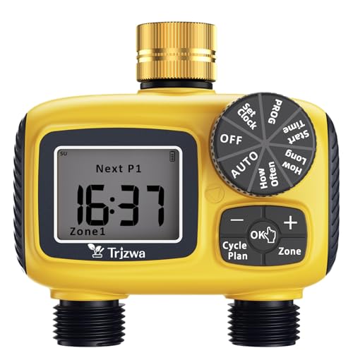 TRJZWA Programador de rega automático, sistema de rega automático, com 3 programas de rega independentes, jardim temporizadores de mangueiras de rega com entrada de água dupla/ecrã LCD