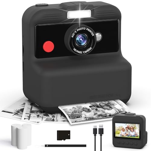 CAMCLID Câmara fotos infantis instantâneas, 3,0 polegadas câmara fotos crianças, 48 MP/2,5 K UHD câmara instantânea com cartão de 32 GB, presente para meninas e meninos 3 4 5 6 7 8 9 10 12 Meses Preto