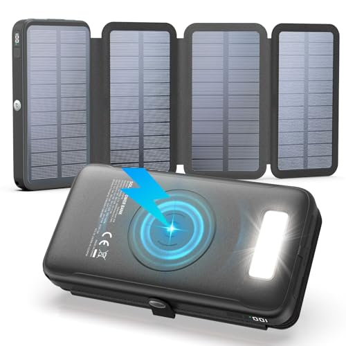Carregador-Solar-Power-Bank-27000 mAh - 22,5 W carregamento rápido USB-C bateria externa sem fios com 3 saídas USB PD 4.0 QC 3.0 e 4 painéis solares para smartphones tablets (preto)
