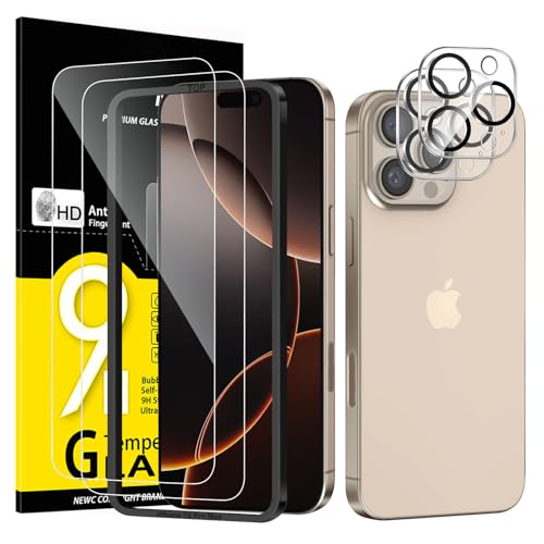 NEW'C 2 x protetor de ecrã para iPhone 16 Pro Max (6,9 polegadas) e 2 x protetor de ecrã protetor de lente de câmera - vidro temperado - ultra resistente - ferramenta de instalação fácil incluída