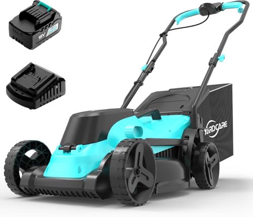 YARDCARE Corta-relva elétrico, motor sem escovas, 18 V, com bateria de 4,0 Ah e carregador, largura de corte 34 cm, ecrã LED, ajuste de altura 5 níveis (25-65 mm), 30 l