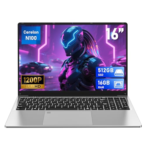 FUNYET Computador portátil de 16 polegadas, portátil de 16 GB de RAM, 512 GB de SSD, PC portátil processador N100 (até 3,4 GHz), suporte Touch ID, Win 11, 6000 mAh, FHD 1920 * 1200, teclado remoto