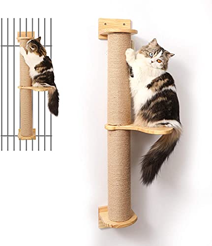 FUKUMARU Árvore para gatos de 93 cm, montada na parede, poste de raspador e tapete de juta, árvore raspador para gatos feita de madeira de borracha sólida natural