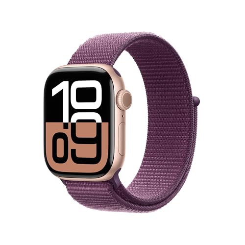 Apple Watch Series 10 GPS Smartwatch com caixa de alumínio ouro rosa de 42 mm e correia de loop desportiva ameixa - tamanho único. Monitor de treino, ecrã Retina sempre ativo e neutro em carbono