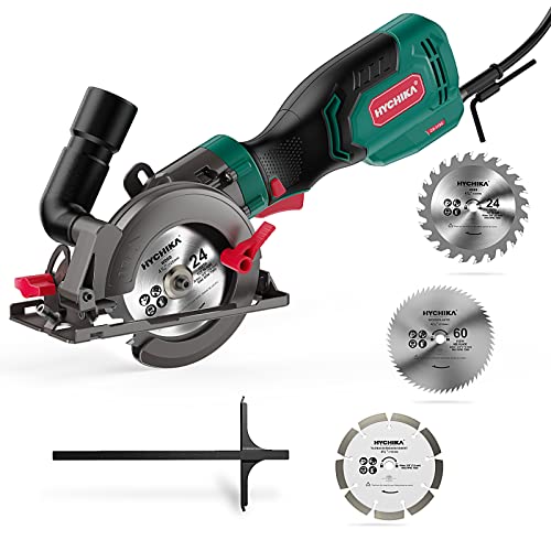 HYCHIKA Serra circular de 750 W com guia a laser, 6 lâminas (24 T, 60 T, diamante, corte de 48 mm (90°), tubo aspirador, mini serra circular de mão, 3500 RPM, ideal para cortar azulejo, madeira e metal mole