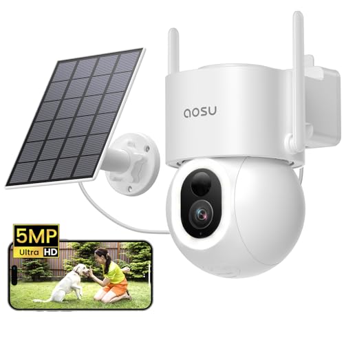 AOSU 3K Câmara de vigilância exterior Wi-Fi sem fio, painel solar de alta capacidade, 5 MP deteção AI de pessoas, animais de estimação, veículos, visão noturna em cores, luz e alarme, 360 ° PTZ com