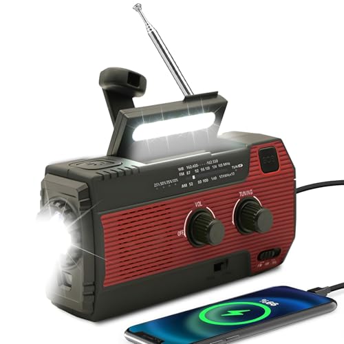 SOLARBABY - O rádio solar de emergência com manivela possui uma lanterna LED, alarme SOS, rádio meteorológico AM/FM e bateria de 4000 mAh para alimentação de emergência de telefones